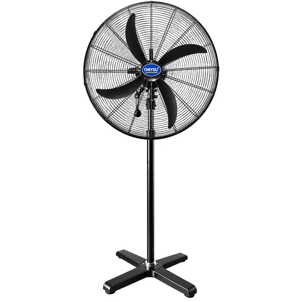 Quạt đứng công nghiệp cao cấp OMS-750 5 Quạt đứng công nghiệp cao cấp OMS-750: quạt cây màu đen, cánh 5 lá, lồng lưới tròn, chân đế chữ thập