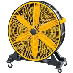 Quạt thổi sàn công nghiệp OMS-1550: lồng quạt tròn màu vàng, cánh vàng, khung chân đen có 4 bánh xe