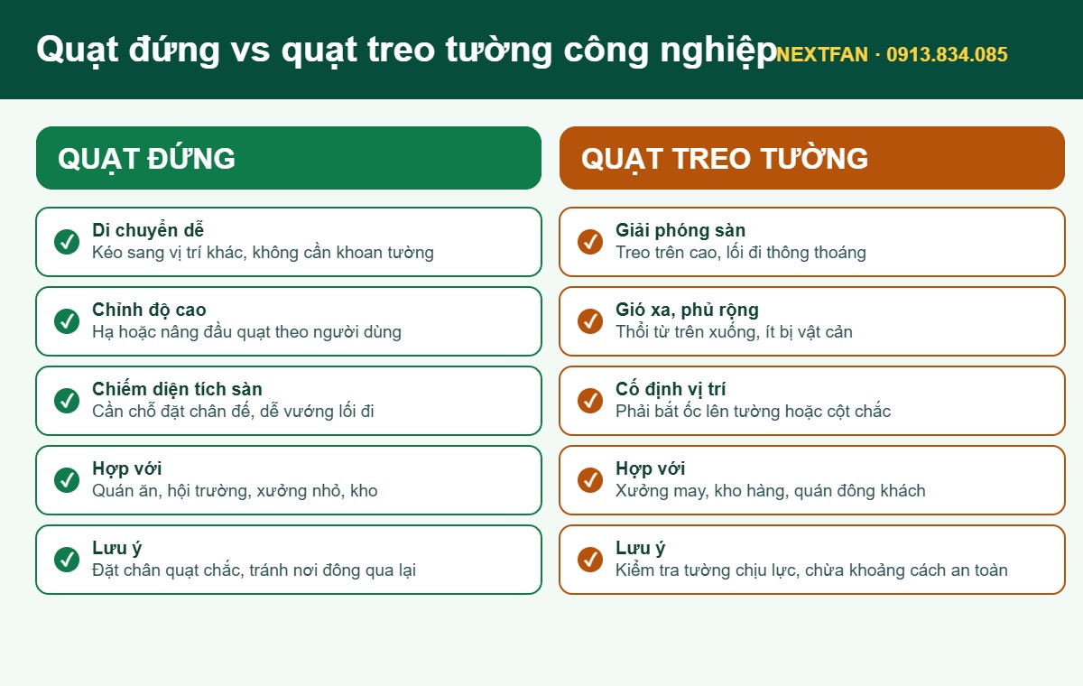 So sánh quạt đứng và quạt treo tường công nghiệp